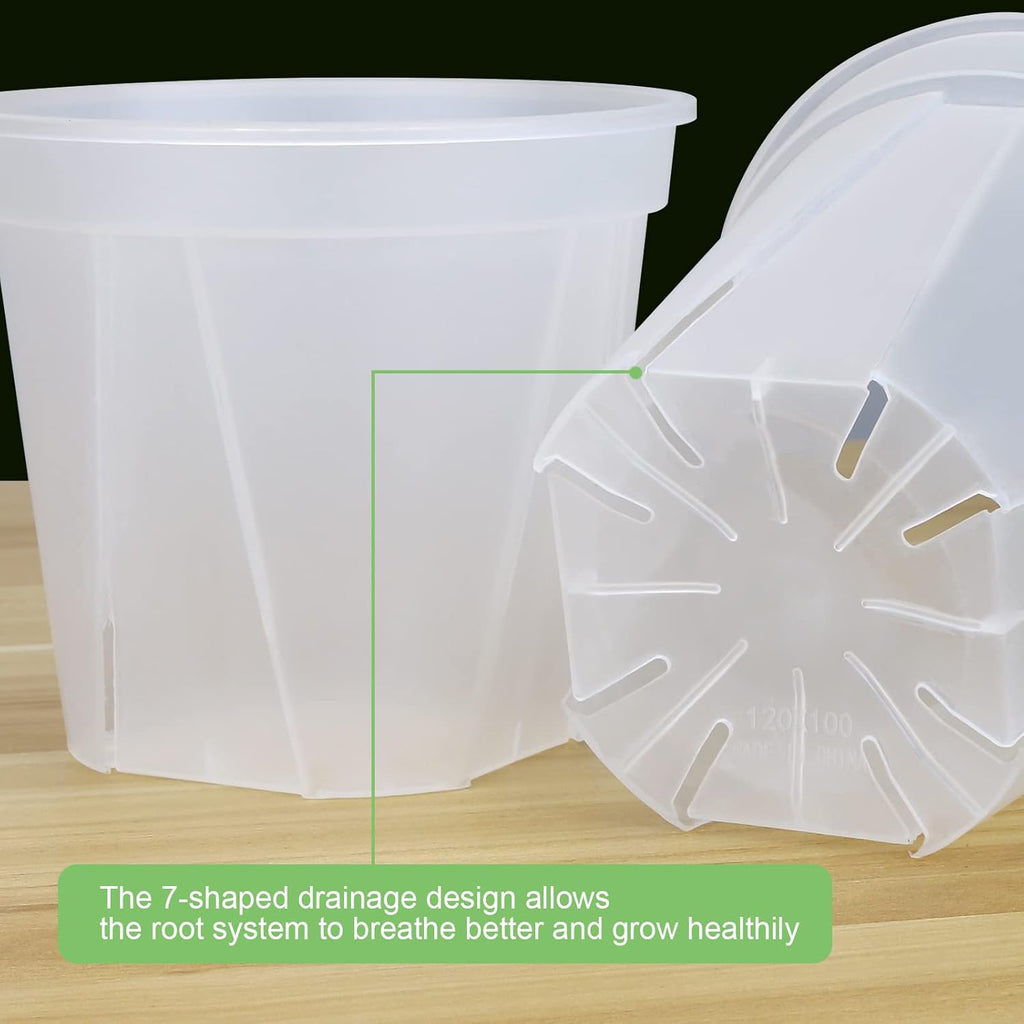 GREENPARA Clear Plant Nursery Pots with Saucer for Indoor & Outdoor Plants | 4/5/6/7/8 Inch Drainage Holes Root