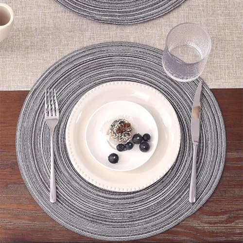 SHACOS Round Placemats Set of 4 Round Braided Placemats 15 inch Cotton Polyester Woven Table Placemats for Dining Table Holiday Party (Black Gray, 4)
