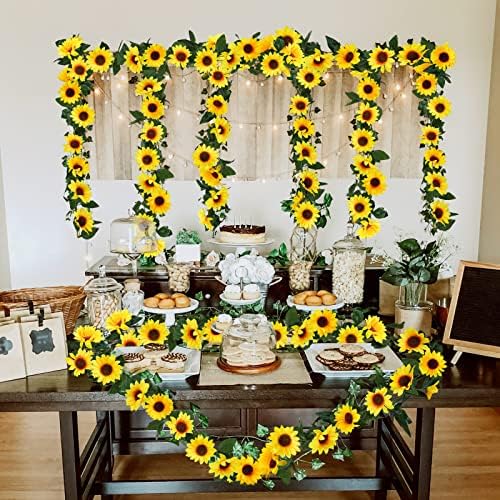 Uieke 3 Pack Artificial Sunflower Garland, 7.5ft/Strand Silk Sunflowers Hanging Vines Flowers with Green Leaves for Room Kitchen Garden Birthday Wedding Baby Shower Party Table Decor Large
