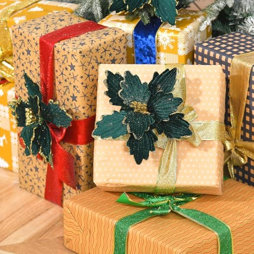 10 PCS Glitter Poinsettias, 8.7" Artificial Christmas Flowers, Dark Green