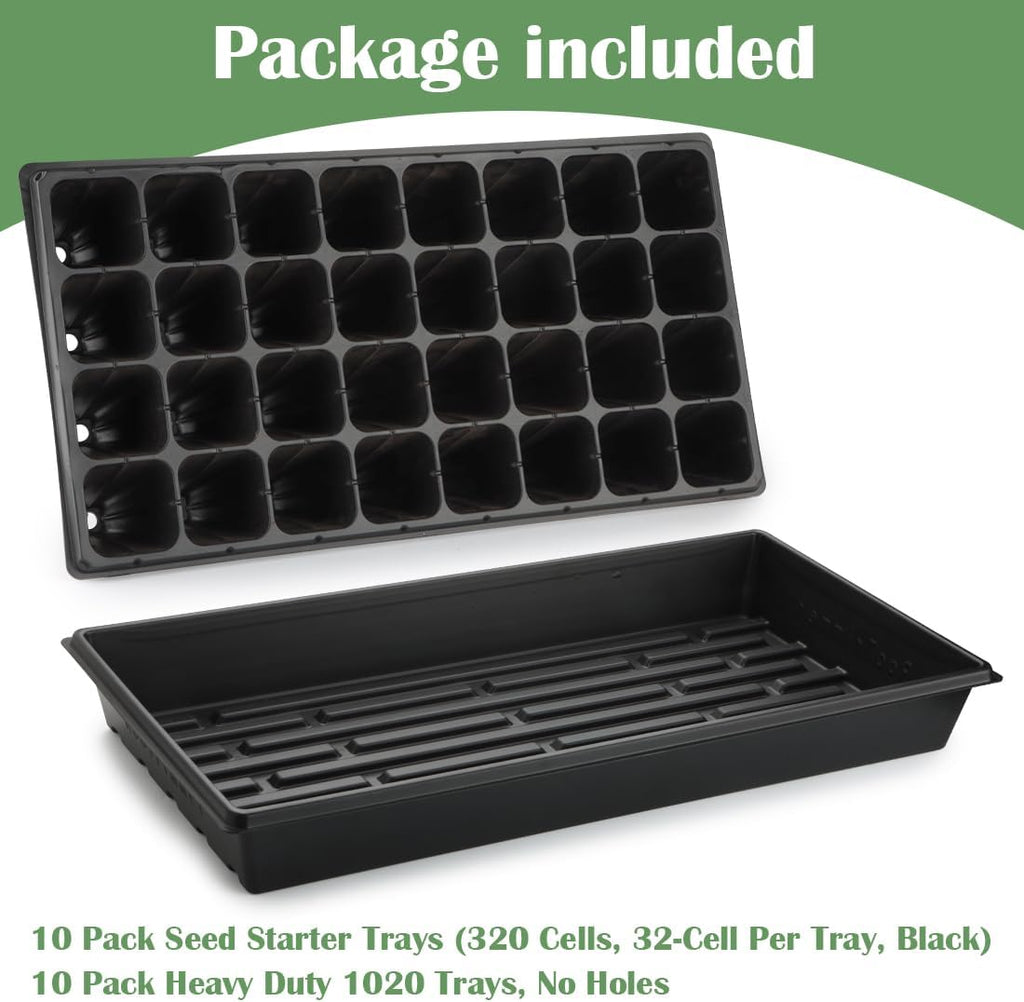 RooTrimmer 10 Pack 1020 Trays No Holes and 10 Pack 4.3" Deep 32 Cell Seed Starter Trays, 20" x 10" - Heavy Duty Plastic