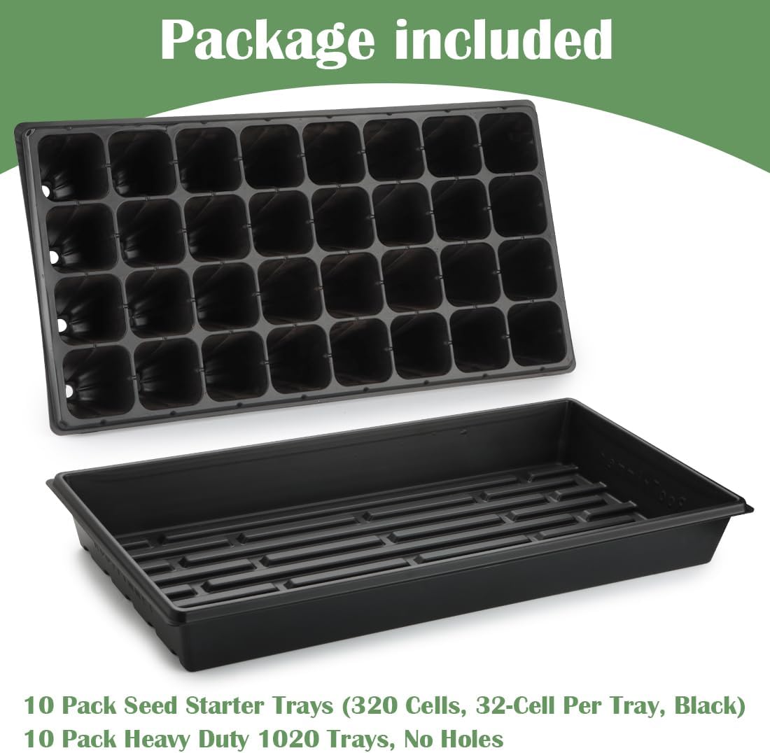 RooTrimmer 10 Pack 1020 Trays No Holes and 10 Pack 4.3" Deep 32 Cell Seed Starter Trays, 20" x 10" - Heavy Duty Plastic