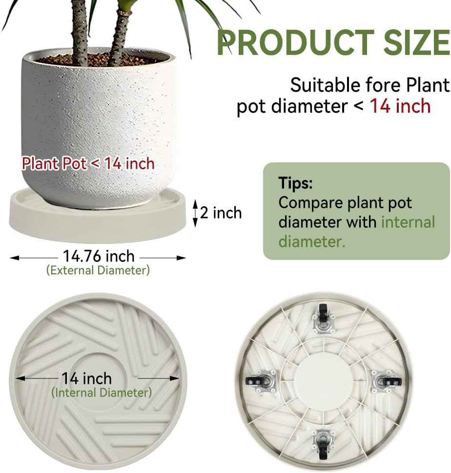 1 Pcs Plant Caddy with Wheels 14.76 Inch Hidden Wheels Heavy Duty Rolling Plant Stand, Indoor Outdoor Plant Saucer Tray