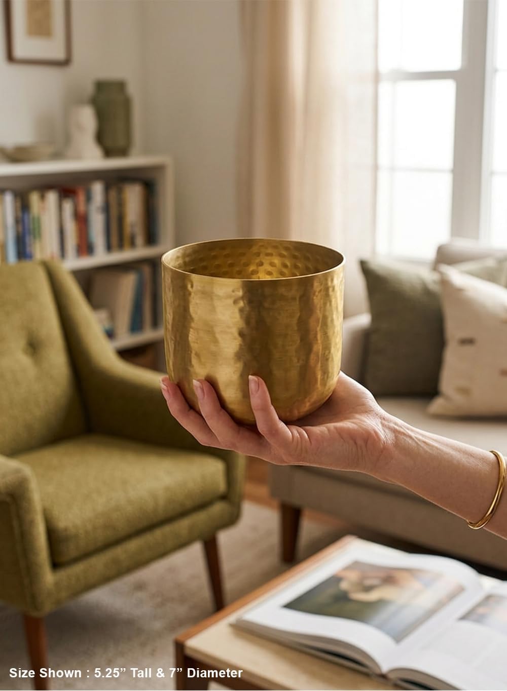 Serene Spaces Living Antique Brass Look Gold Hammered Pots: Stylish Indoor Planter, Decorative Accent for Potted