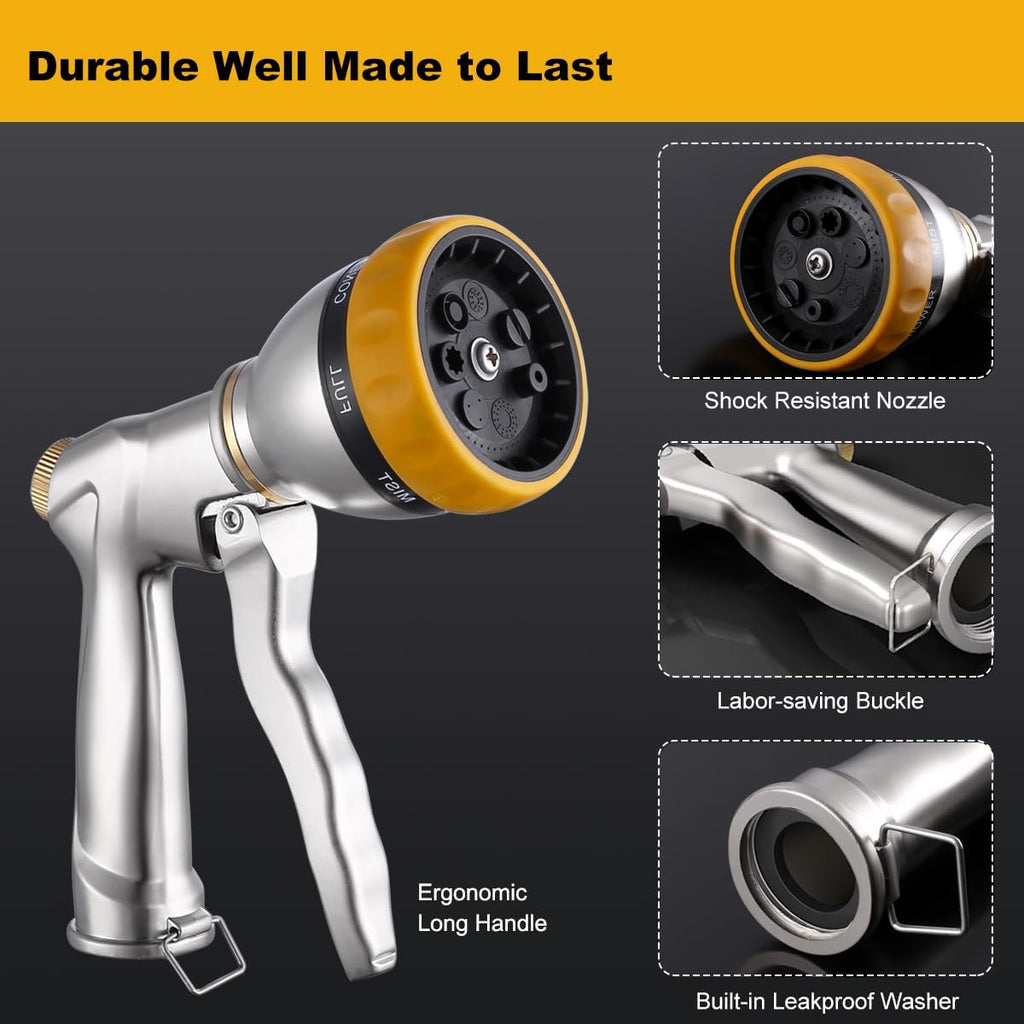 FANHAO Heavy Duty Metal Garden Hose Nozzle, High Pressure Sprayer Leakproof | 7 Adjustable Spray Patterns, Rustproof