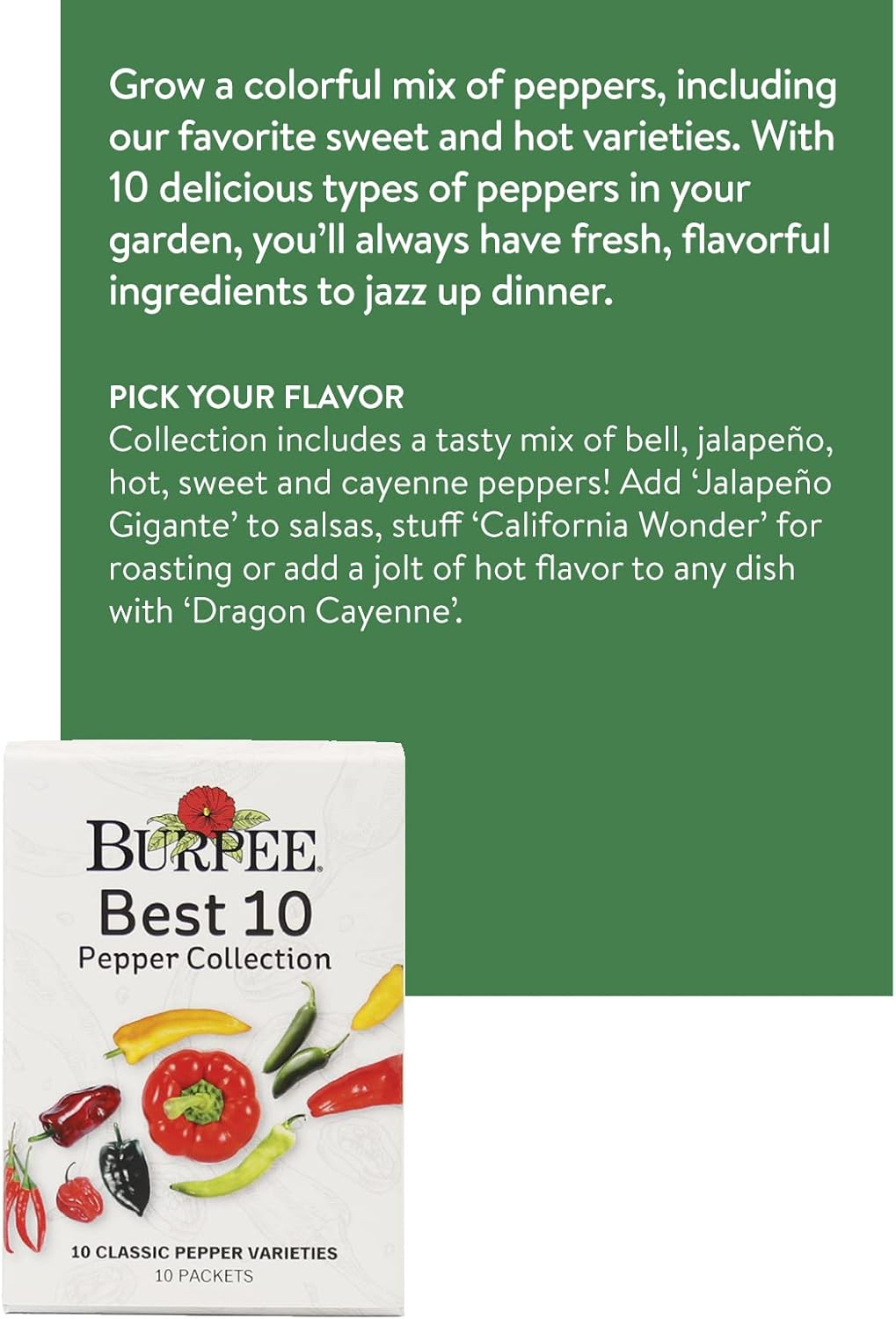 Burpee Best Collection | 10 Packets of Non-GMO Fresh Mix of Hot Pepper & Sweet Varieties | Jalapeno, Bell Pepper Seeds