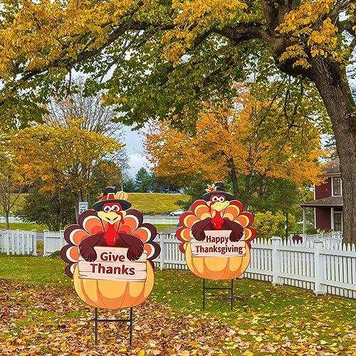 Whaline 2 Pack Fall Thanksgiving Metal Decorative Garden Stake Turkey Pumpkin Welcome Harvest Yard Sign Waterproof for Home Garden Yard Lawn Patio Backyard Walkway Decorations