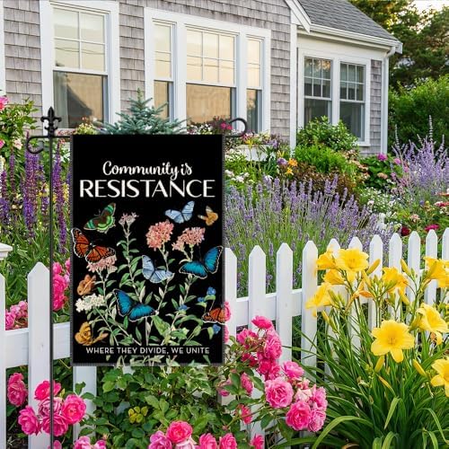 Community Is Resistance Garden Flag, 12 x 18 Inch Double Sided Butterfly Theme Human Rights Pride Decor Flag for Outdoor Garden Yard Porch, Social Justice Progressive Yard Sign for Activist