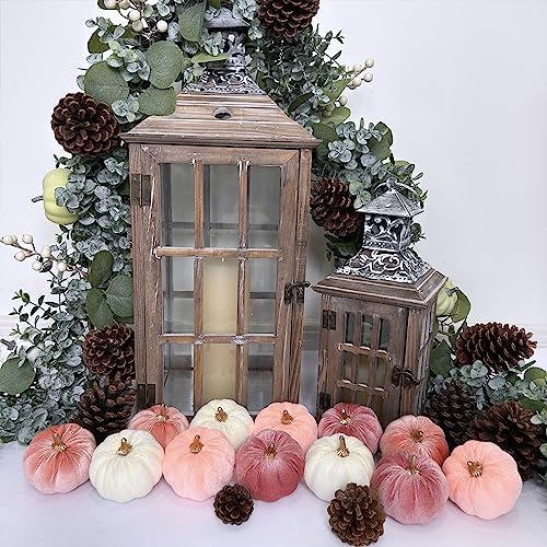Winlyn 12 Pcs Small Rustic Faux Velvet Pumpkins Decorative Blush Coral Pink Peach Ivory Fabric Foam Pumpkins 3" for Fall Wedding Bbay Shower Thanksgiving Halloween Table Centerpiece Décor