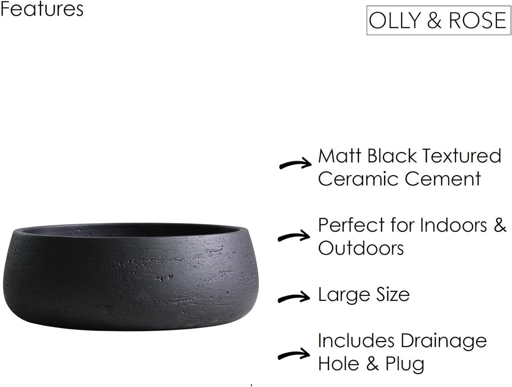 Olly & Rose Copenhagen Large Ceramic Planter Bowl Shallow Plant Pot - Matt Black Flower Pot Indoor and Outdoor Garden