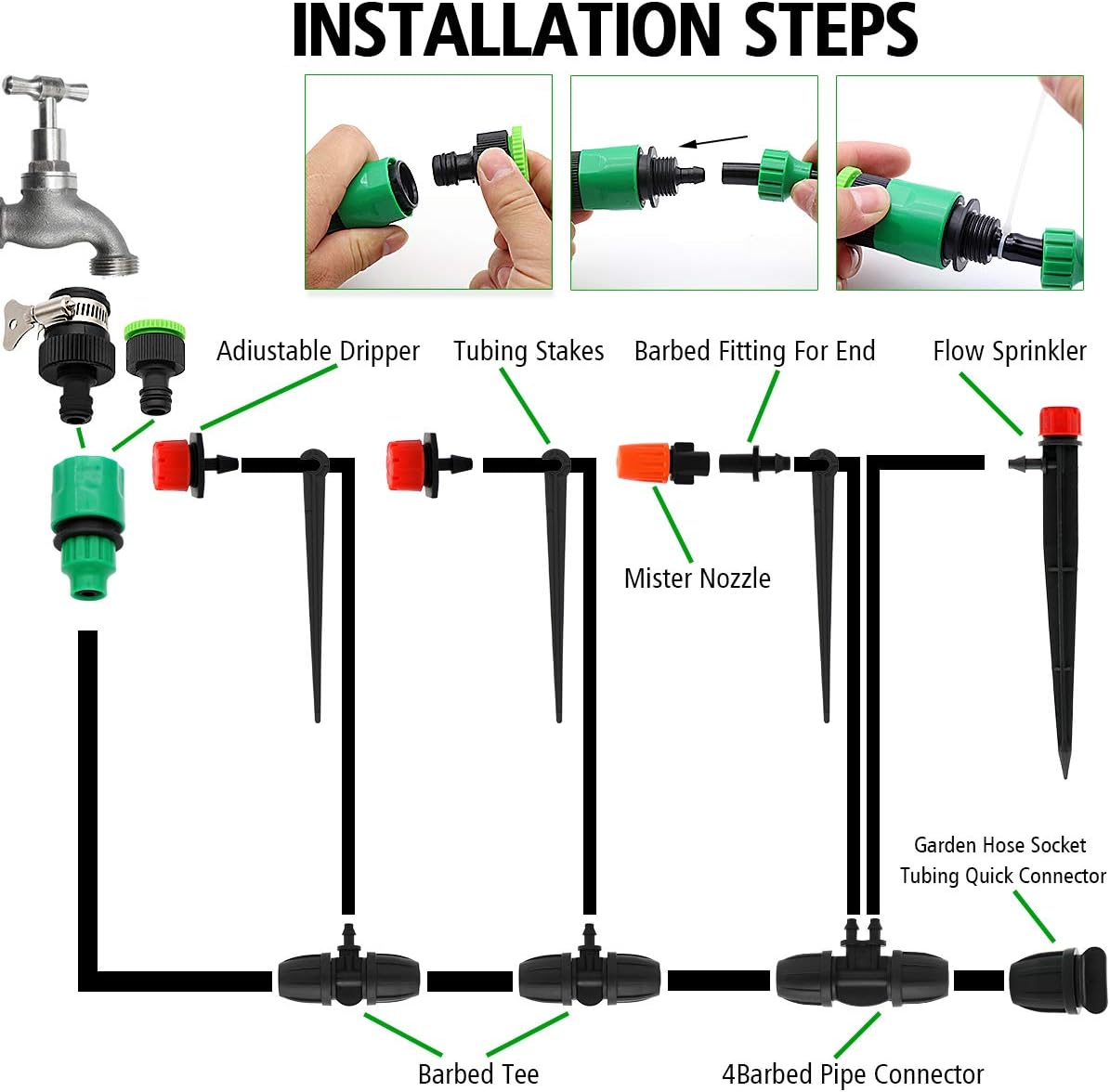 Drip Irrigation System, 100FT Drip Irrigation Kit for Garden - 50FT Main & 50FT Branch Tubing, Adjustable Nozzles for