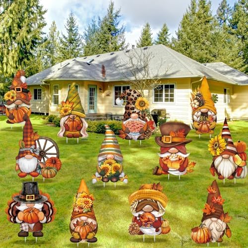 Sintuff 12 Pcs Fall Yard Stakes Gnome Lawn Signs,13.78'' Garden Stakes