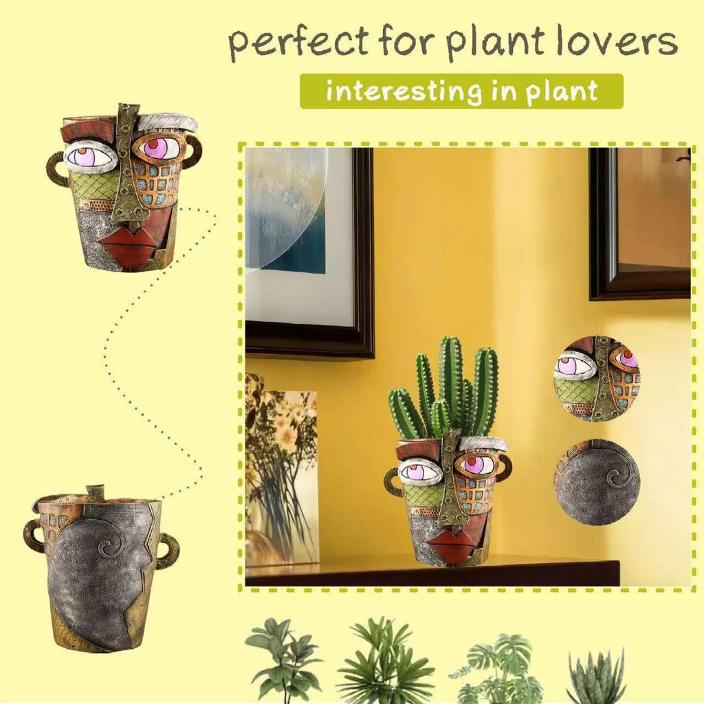 Picasso Abstract Face Flower Pot,Unique Resin Crafted Planter with Drainage Holes,Interesting Colorful Planter with