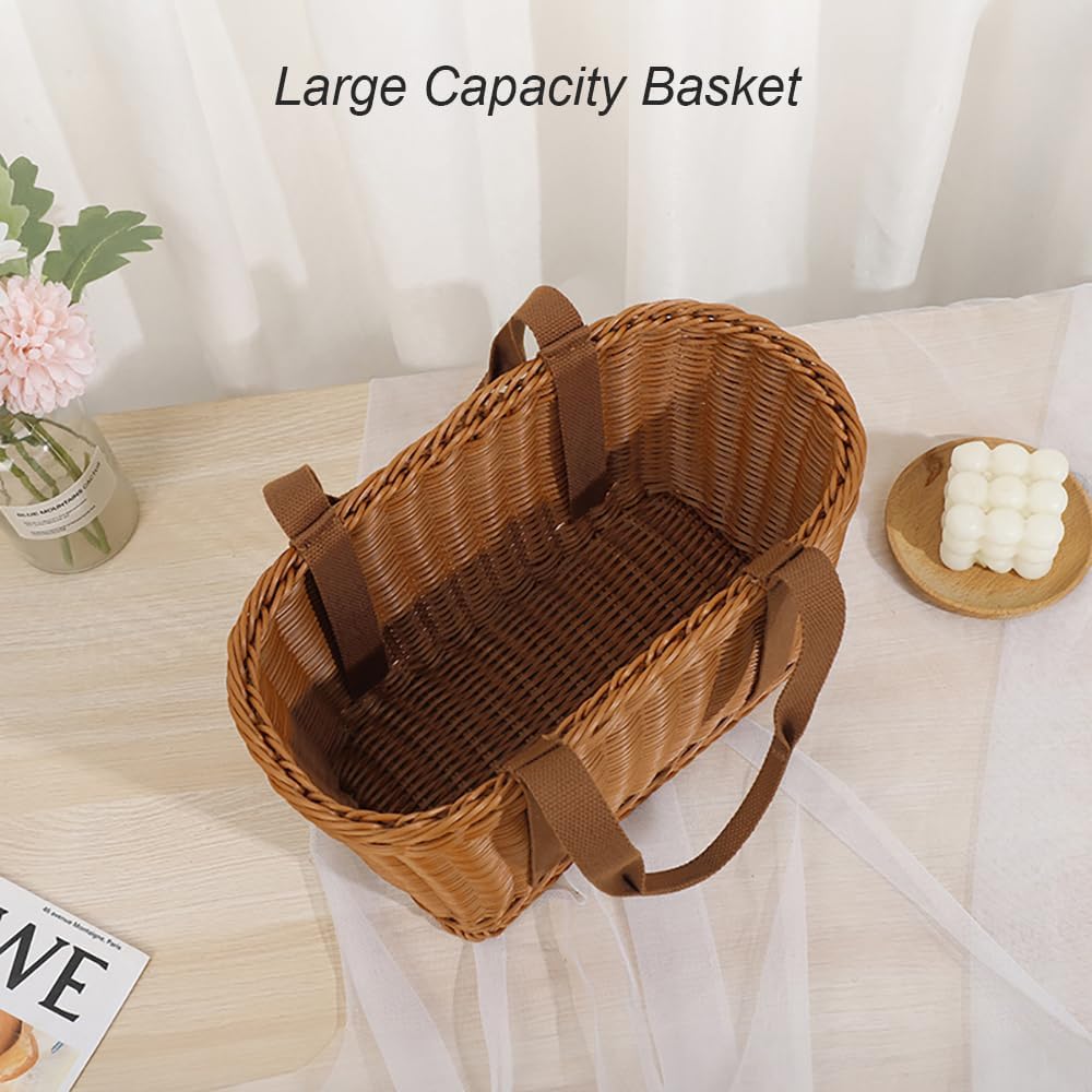 Large Wicker Picnic Basket, Garden Harvest Basket, Wicker Shopping Baskets with Cloth Handles, Reusable Handwoven