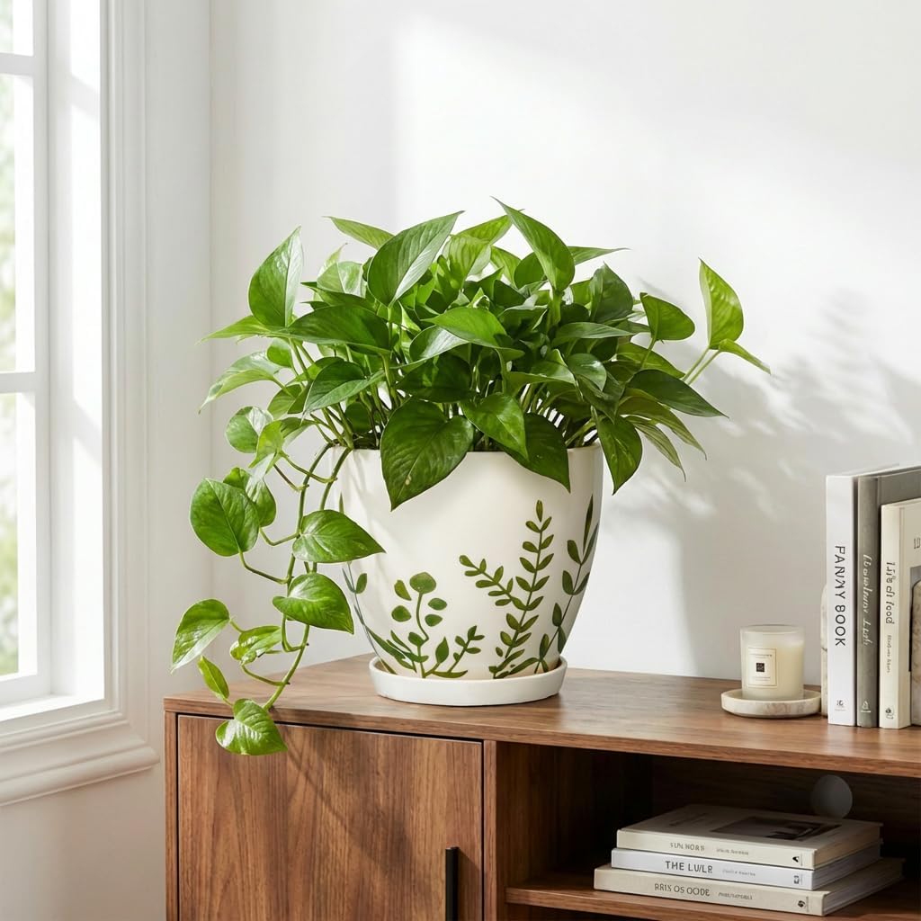 Ceramic Pot for Plants 8.2 Inch - Indoor Plant Pot with Drainage Hole and Saucer, Decorative Boho Round Outdoor