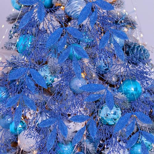 Winlyn 30 Pcs Christmas Artificial Leaf Sprays Cedar Picks Blue Glittered Christmas Tree Ornaments Winter Floral Stems for Blue Christmas Tree Wreaths Centerpieces Holiday Seasonal Wedding Decoration