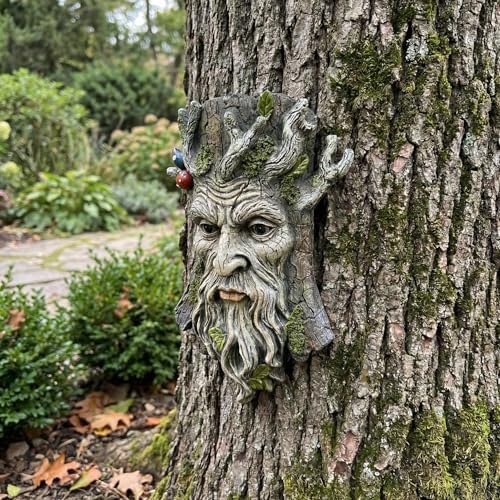 Tree Face Garden Statues Outdoor Decoration Clearance, Whimsical Old Man Tree Faces for Fence Hugger Sculpture, Wallmount Statue Fairy Art with Mushroom, Patio Home Hanging Decor, 6.9" x 2.8" x 9.8"