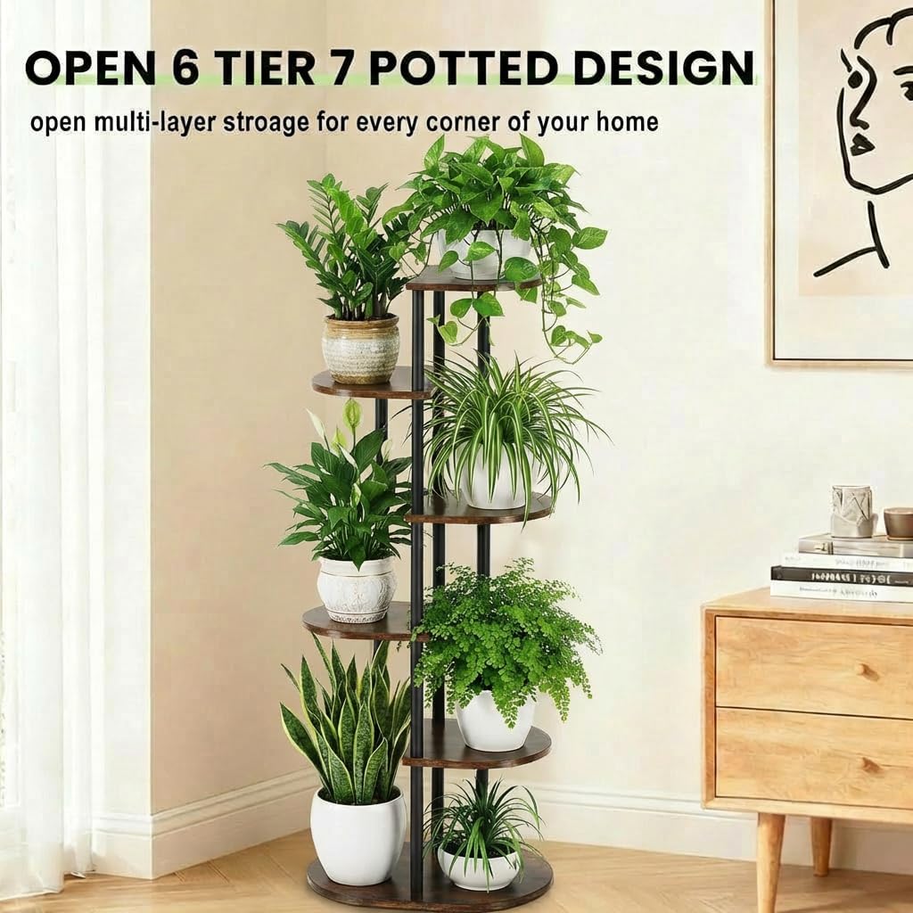 Tiered Plant Stand Indoor, Tall 6 Tier 7 Potted Wooden Plant Shelf for Multiple Flower Plants, Multi Corner Metal Plant