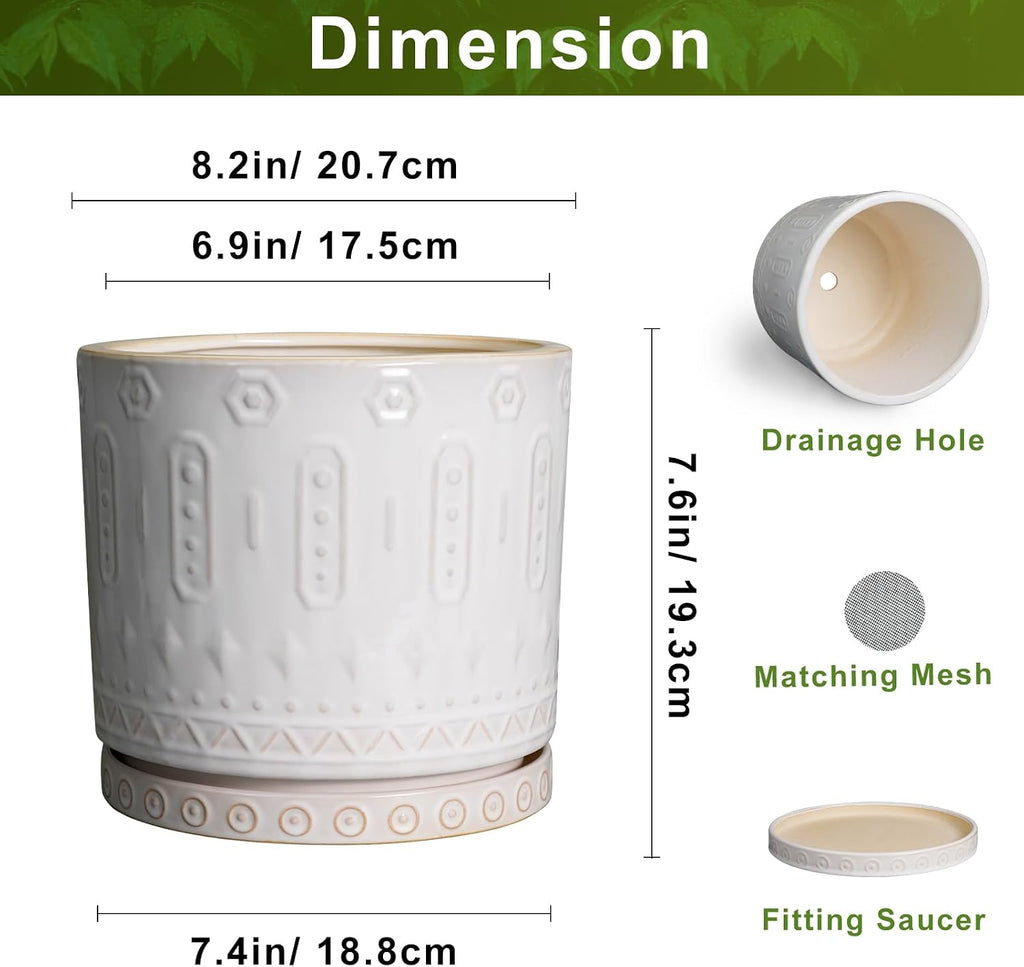 Eightpot 8 Inch Plant Pot, Ceramic Planter for Indoor Plants Outdoor, Round Planter with Drainage Hole and Tray, Boho