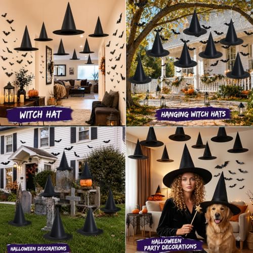 Tepoobea Halloween Decorations Black Witch Hats, 8 Pack Hanging Witches Hats & 32Pcs 3D Bats Halloween Decorations Outdoor Indoor
