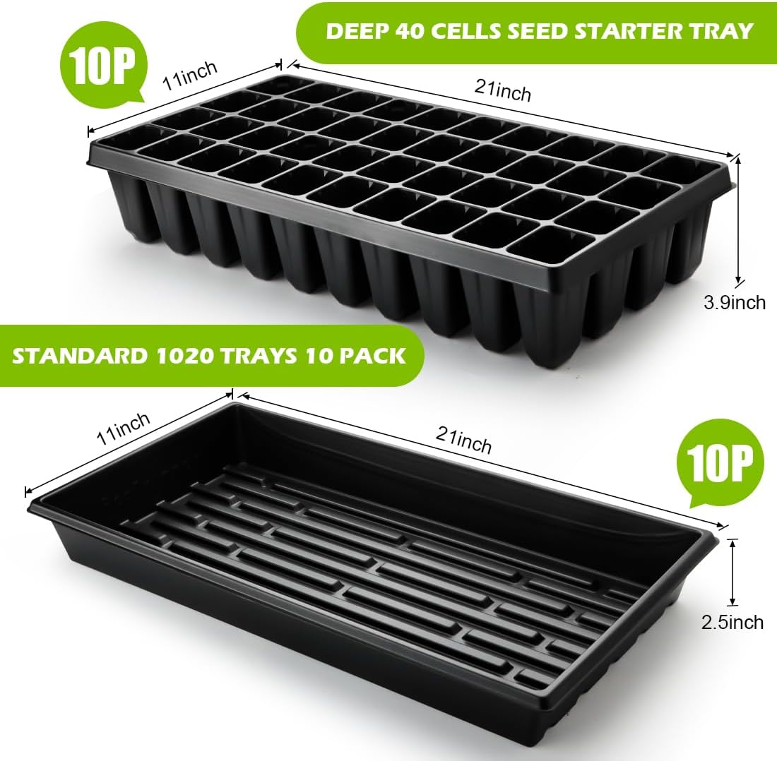 RooTrimmer 10 Pack 1020 Seed Starter Trays and 10 Pcs 40 Cell Plug Trays, Thick Durable Seedling Plastic Nursery Tray
