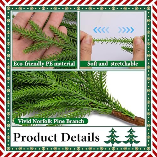 Purple Star 20 Pcs Christmas Norfolk Pine Branches, 19" Extra Length Artificial Xmas Branches Plants Pine Needles, Fake Greenery Norfolk Pines Stems Sprigs for DIY Craft Garland Home Garden Decor