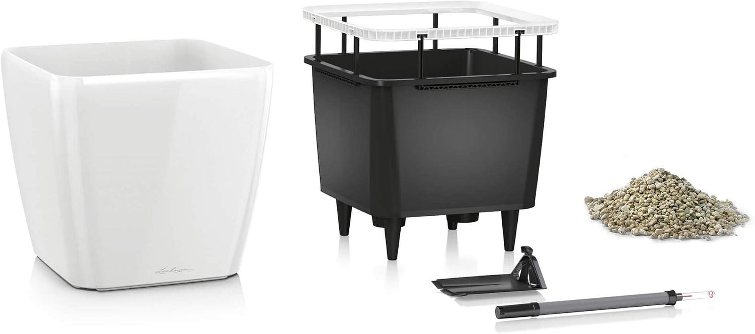 Lechuza Quadro LS 35 Cream White High Gloss, Self-Watering Square Planter, H13 L13.8 W13.8 in