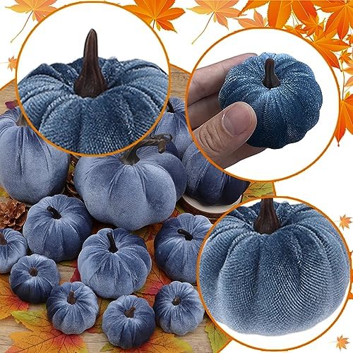 Faux Blue Velvet Pumpkin Artificial Fall Foam Pumpkin Decor 16 Pcs