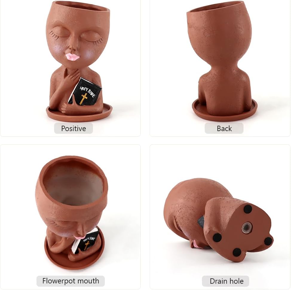 Face Planters Pots Head for Indoor Outdoor Plant Unique Head Planter Holding Book Confessional Girl Face Flower Pot