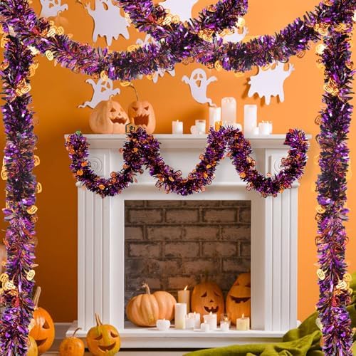 33ft Halloween Tinsel Garland, Metallic Twisted Tinsel Garland Pumpkin Hanging Garland Decoration for Home Tree Fireplace Mantle Home Party Decor