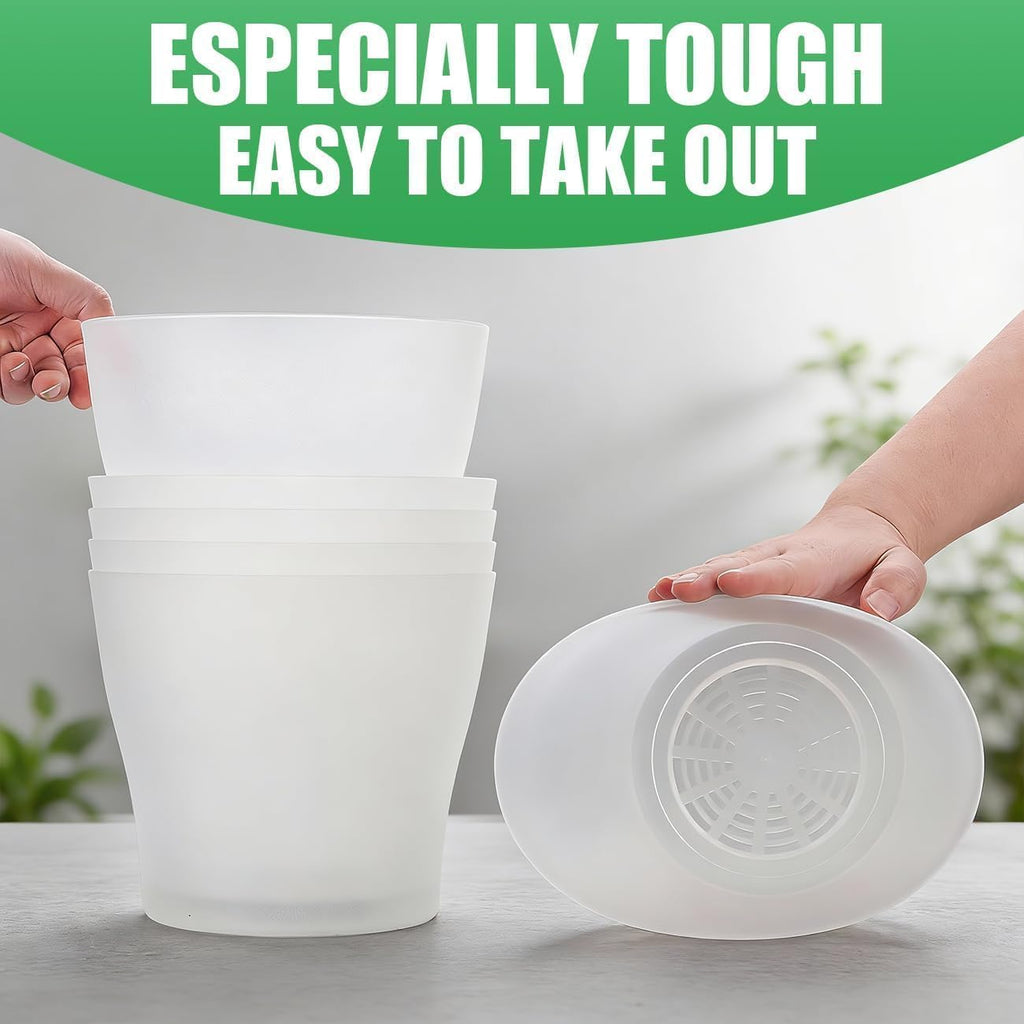 6 Pack 8 Inch Clear Nursery Plant Pots with Large Drainage Holes &Saucer | Plastic Translucent Flower Pots - Durable
