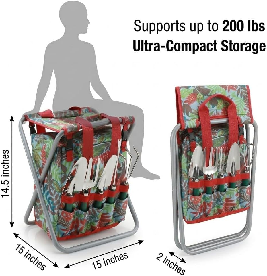 7-piece Garden Tool Set with Tote and Folding Stool Seat