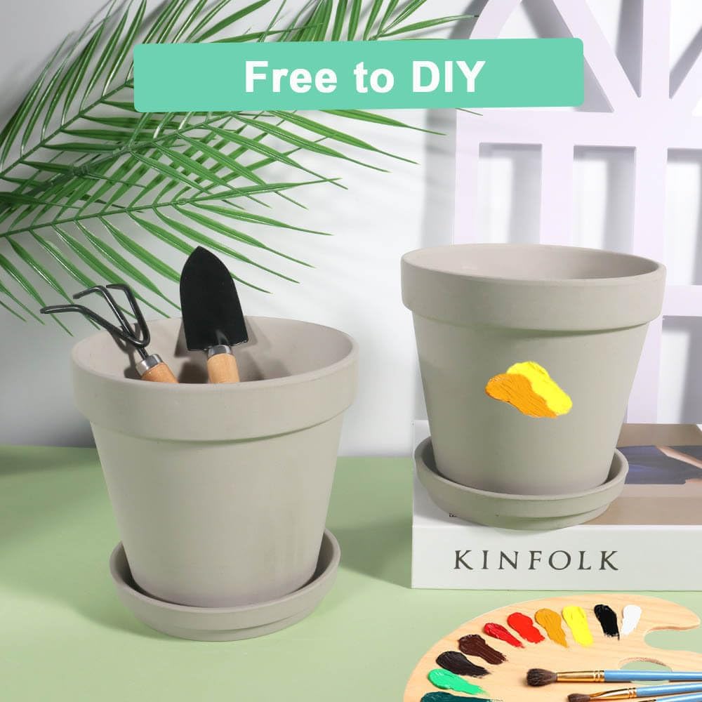 Gray 8 Inch Terracotta Pot for with Drainage - 2 Pack Large Terra Cotta Plant Pot with Saucers, Flower Clay Pot with