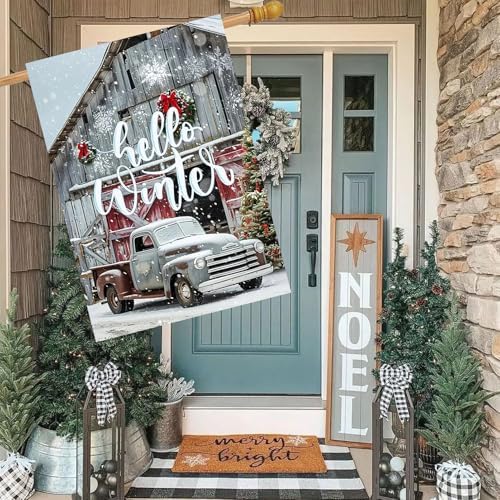 Hello Winter Truck House Flag 28x40 Double Sided, Christmas Winter Large Garden Flags for Outside Xmas Holiday Seasonal Yard Decorations for Home