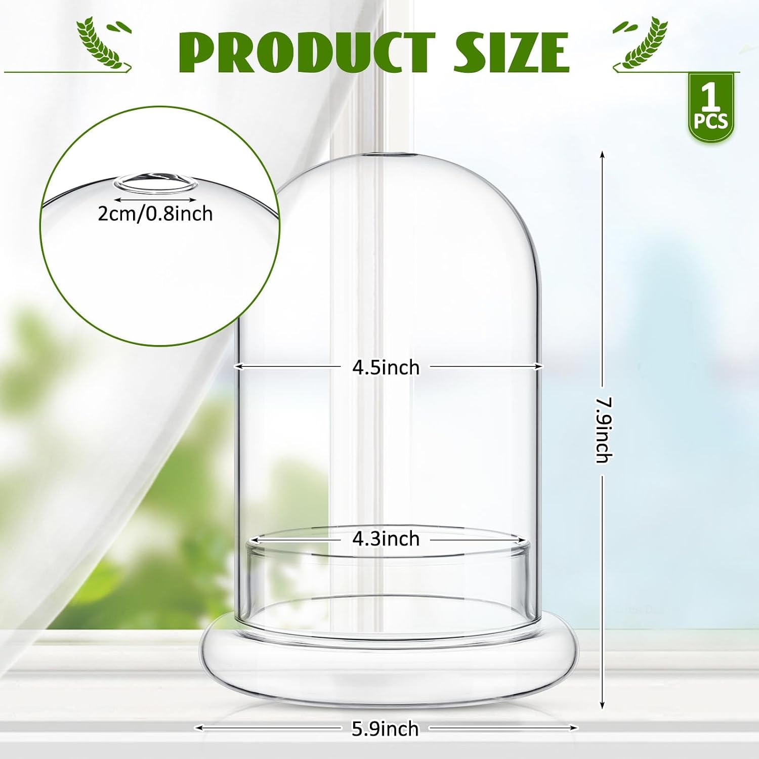 1 PC 5.9 x 7.9 Inch Glass Terrarium Dome Cloche with Air Hole & Glass Base, Clear Terrarium Containers Ventilated Plant