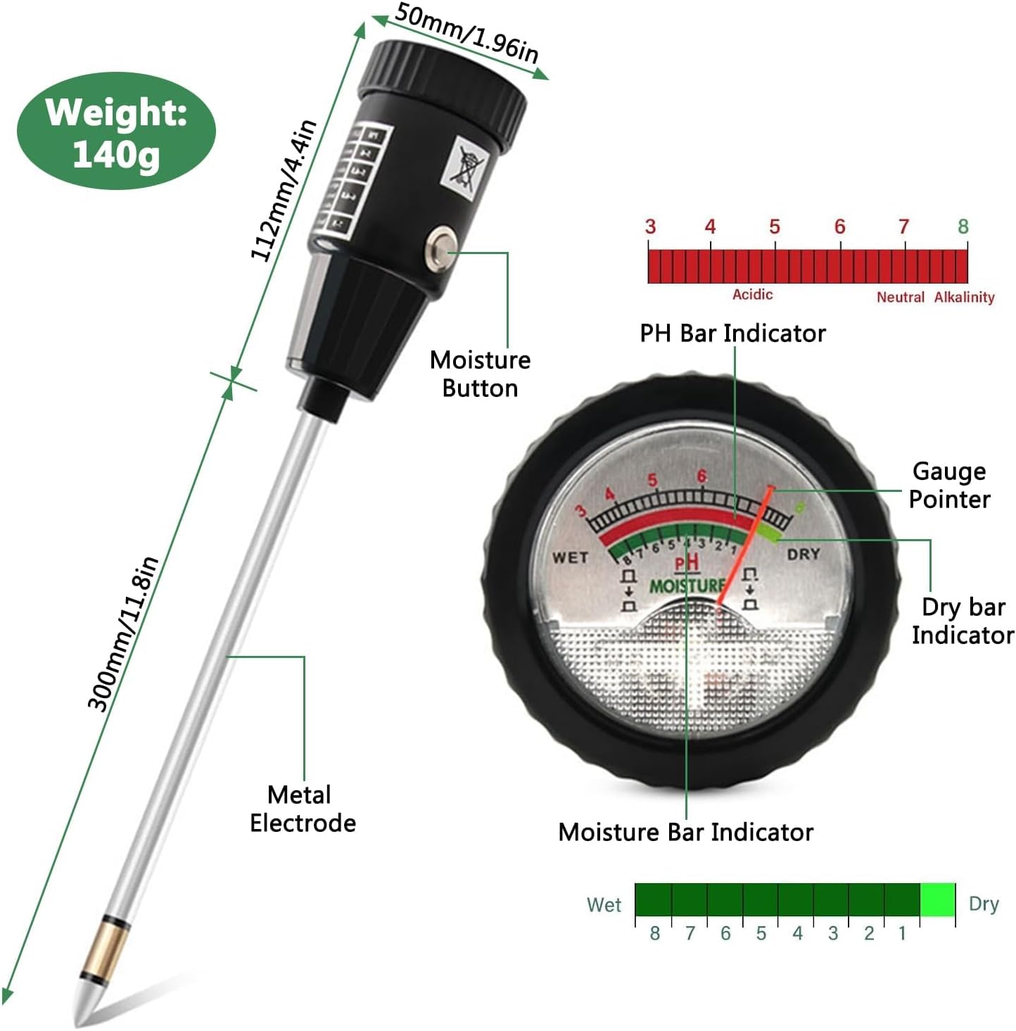 2 in 1 Soil PH Meter Soil Moisture Sensor Meter Soil PH Tester Soil Test Kit Gardening Tool for Indoor Outdoor Plant