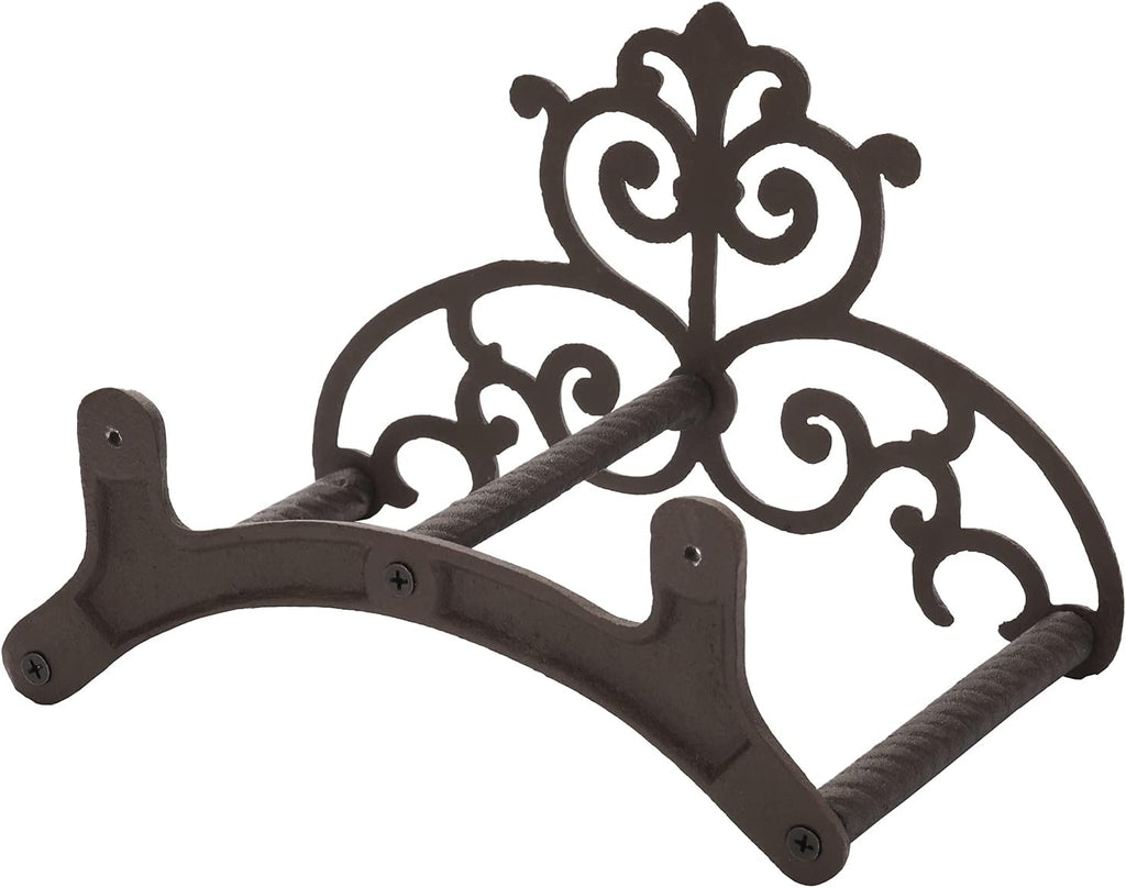 MyGift Brown Heavy Duty Cast Iron Outdoor Garden Water Hose Hanger | Wall Mounted Hose Reel with Vintage Scrollwork
