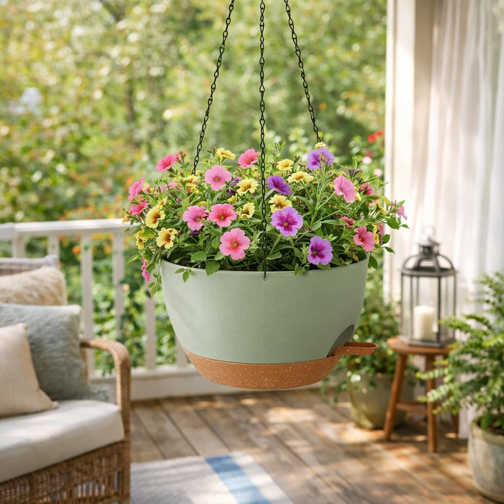 TYMENSH Hanging Plant Pots 12 Inch Set of 2, Self Watering Hanging Planters with Drainage Holes, Removable Saucer