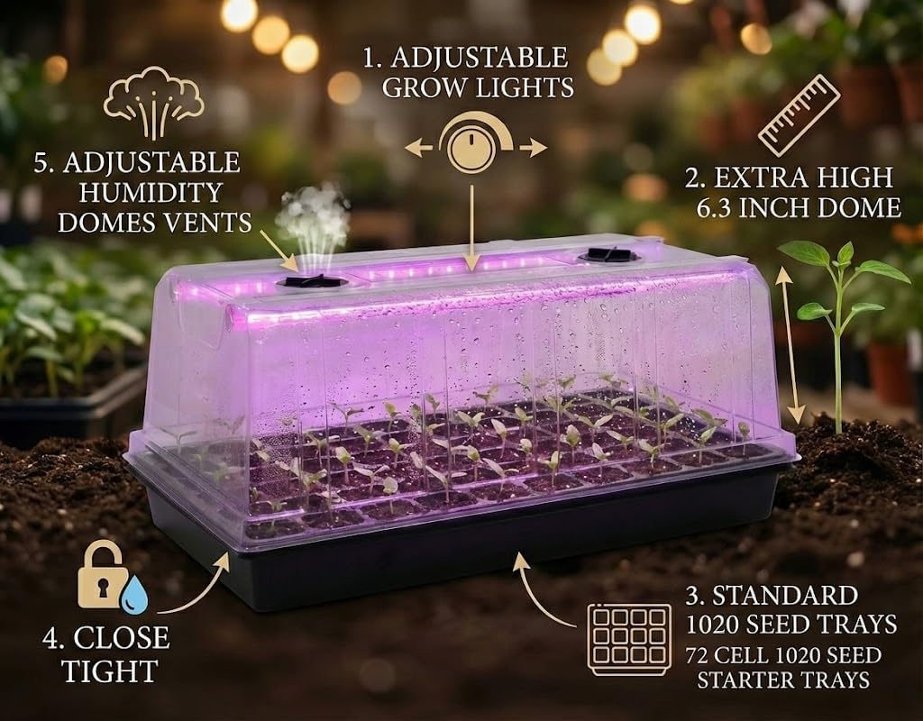 4-Pack 1020 Trays with Grow Light & 72 Cell Plug & 6.3" Tall Humidity Domes | Heavy Duty Plant Germination Kit for Seed