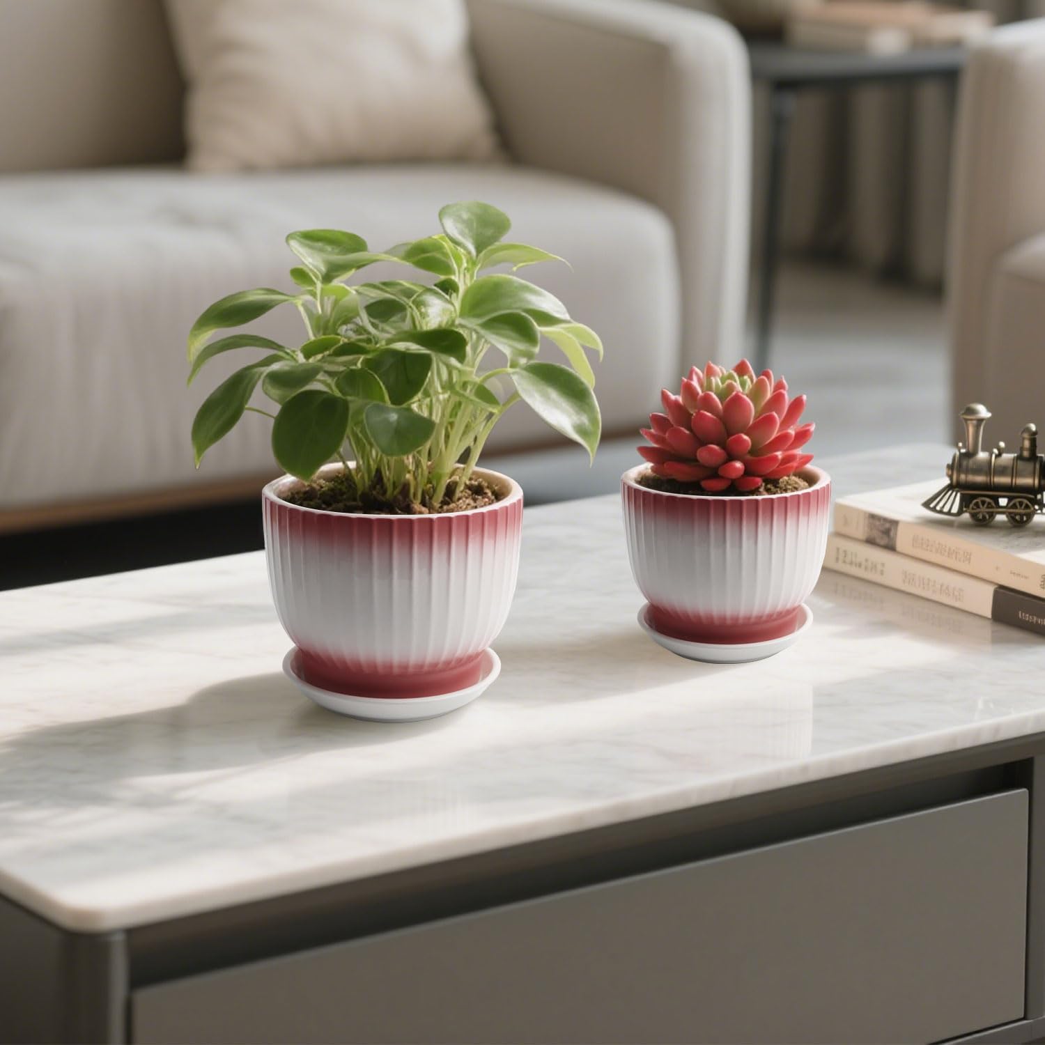 6.7 + 5.5 Inch Ceramic Plant Pots,Set of 2,Planters with Drainage Hole and Saucer,Flower pots for Indoor Plants,Elegant
