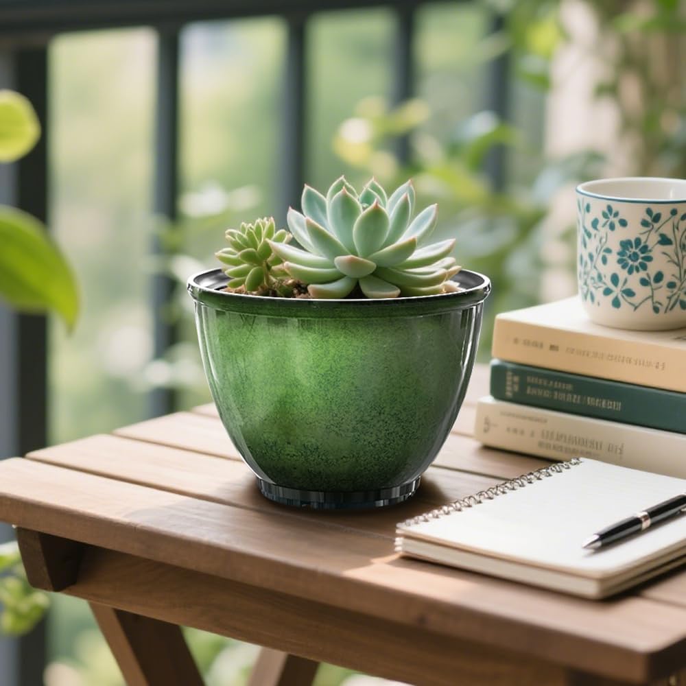 8Inch Plastic Plant Pots,4Pack Glazed Flower Pots for Indoor Outdoor Plants | Modern Decorative Ceramic Look Planters