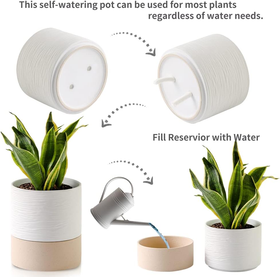 Nihow Ceramic Self Watering Plant Pot for Indoor Plants,6 Inch,White | Planter with Cotton Wick, Drainage Hole & Water