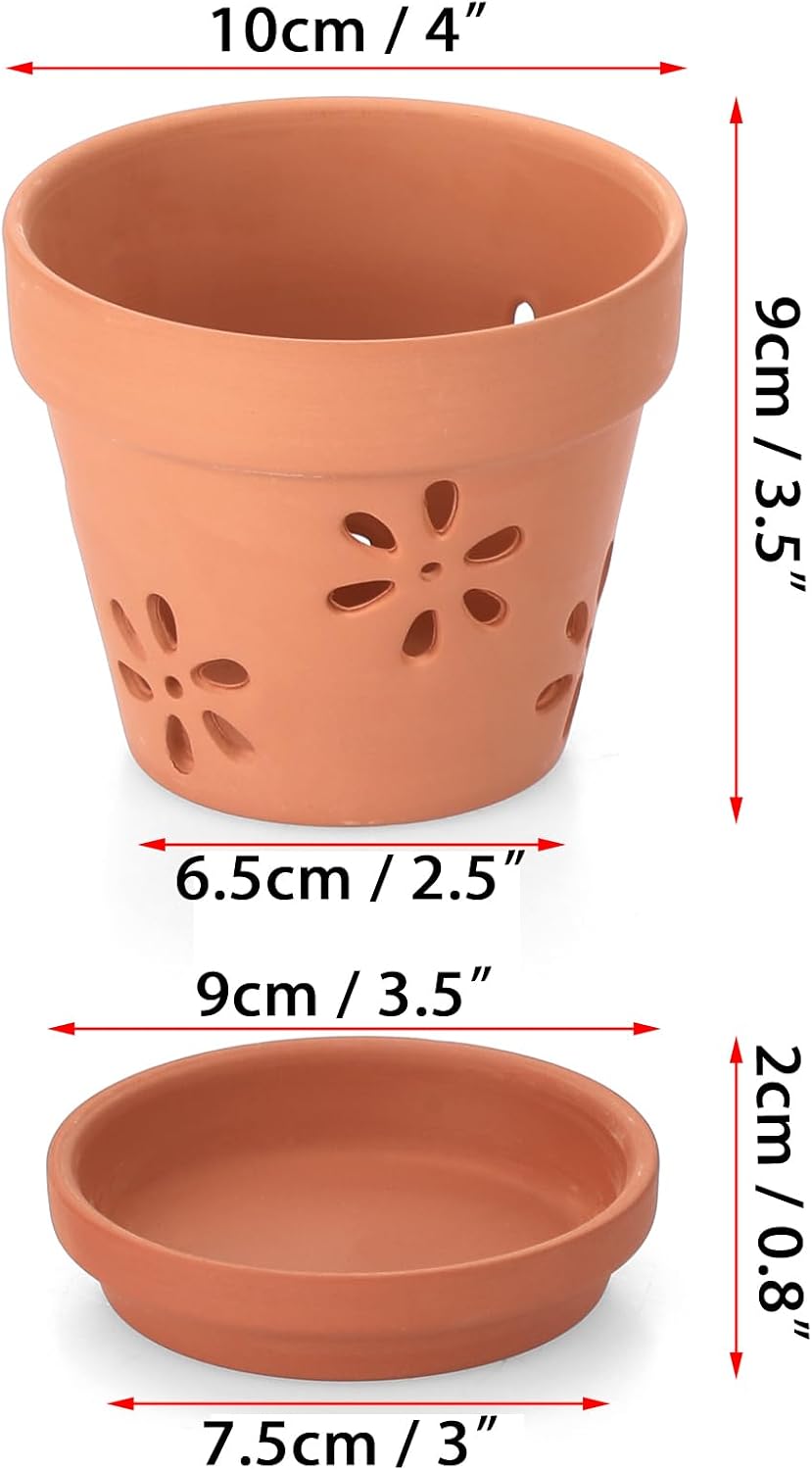 JUXYES Small 4" Hollowed Out Terracotta Orchid Pots with Holes and Saucer | 6 Pack Natural Rustic Clay Planter Pots for