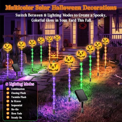Upgraded Solar Pumpkin Lights Outdoor Halloween Decorations, 12 Pack