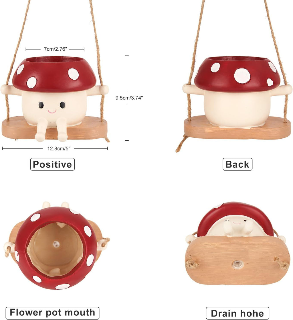 2pcs Mushroom Smily Swing Face Planter Pot Resin (Red&Yellow) | Cute Hanging Resin Flower Head Planter for Indoor