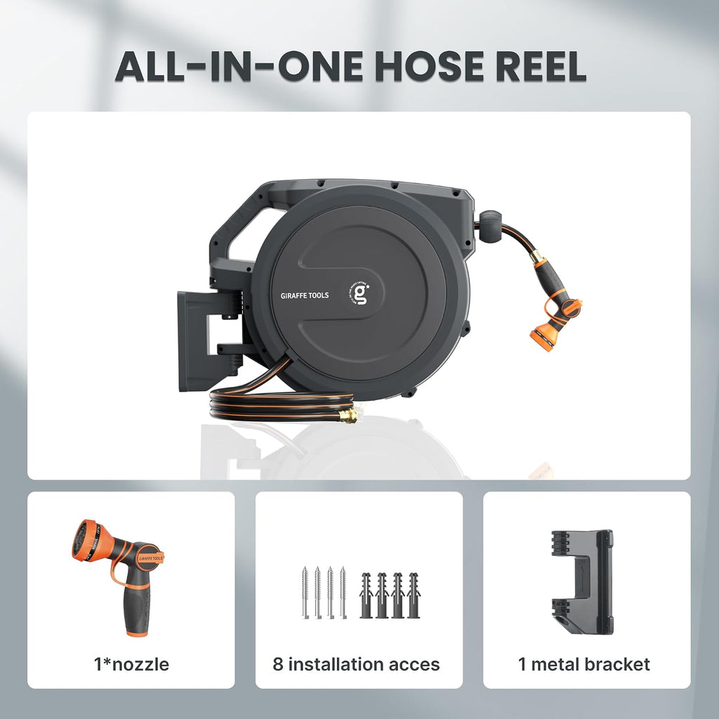 Giraffe Tools Retractable Garden Hose Reel 1/2"78FT Metal Bracket | Any Length Lock,Auto Rewind System,Wall Mount,180°