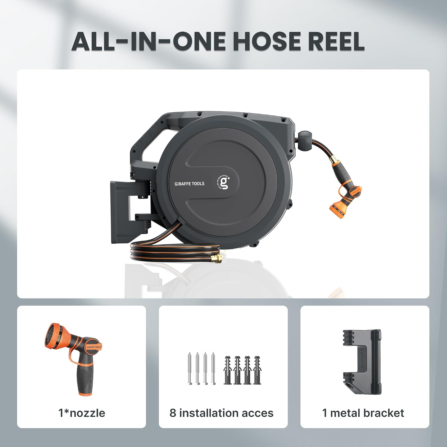 Giraffe Tools Retractable Garden Hose Reel 1/2"78FT Metal Bracket | Any Length Lock,Auto Rewind System,Wall Mount,180°