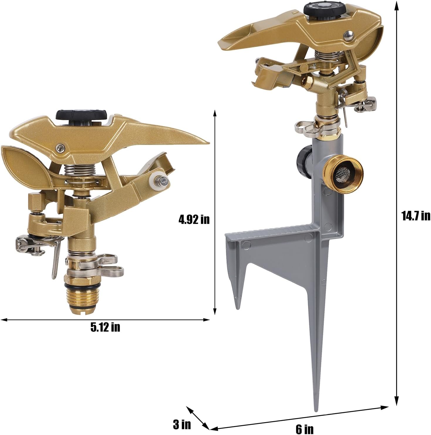 Biswing 2 Pack Impact Sprinklers on Metal Step Spike, Heavy Duty Zinc Alloy Lawn Sprinkler Head on Spike Base