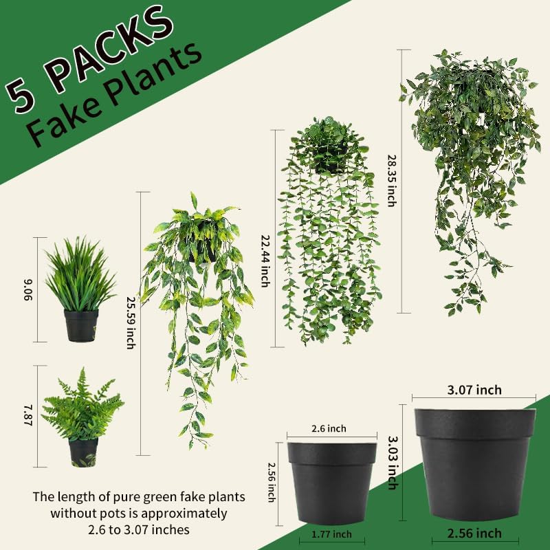 5 Pack Fake Plants - Artificial Hanging Plants & Small Potted Faux Eucalyptus Fern Ivy, UV Resistant Maintenance-Free