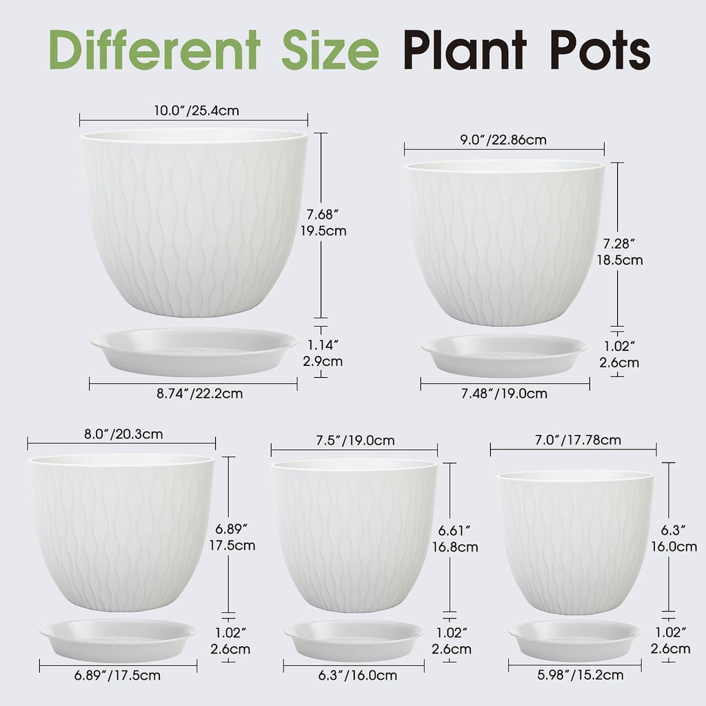 Plant Pots 10/9/8/7.5/7 Inch Plant Pots, Set of 5 Plastic Planters with Drainage Holes and Saucers,Plastic Flower